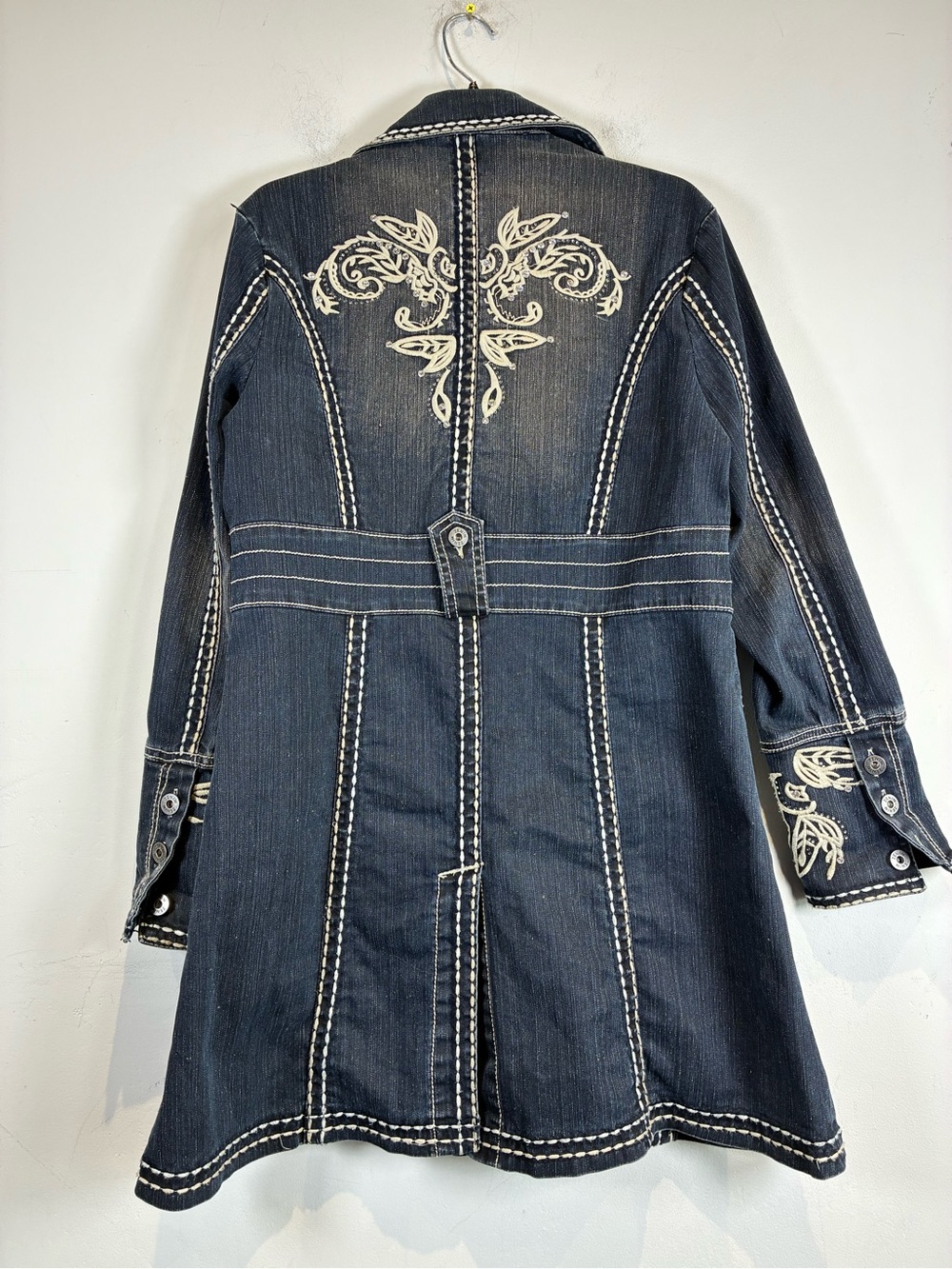 Zenim Dark Blue Denim Coat with White Embroidered Cuffs, Size M - Picture 2 of 5
